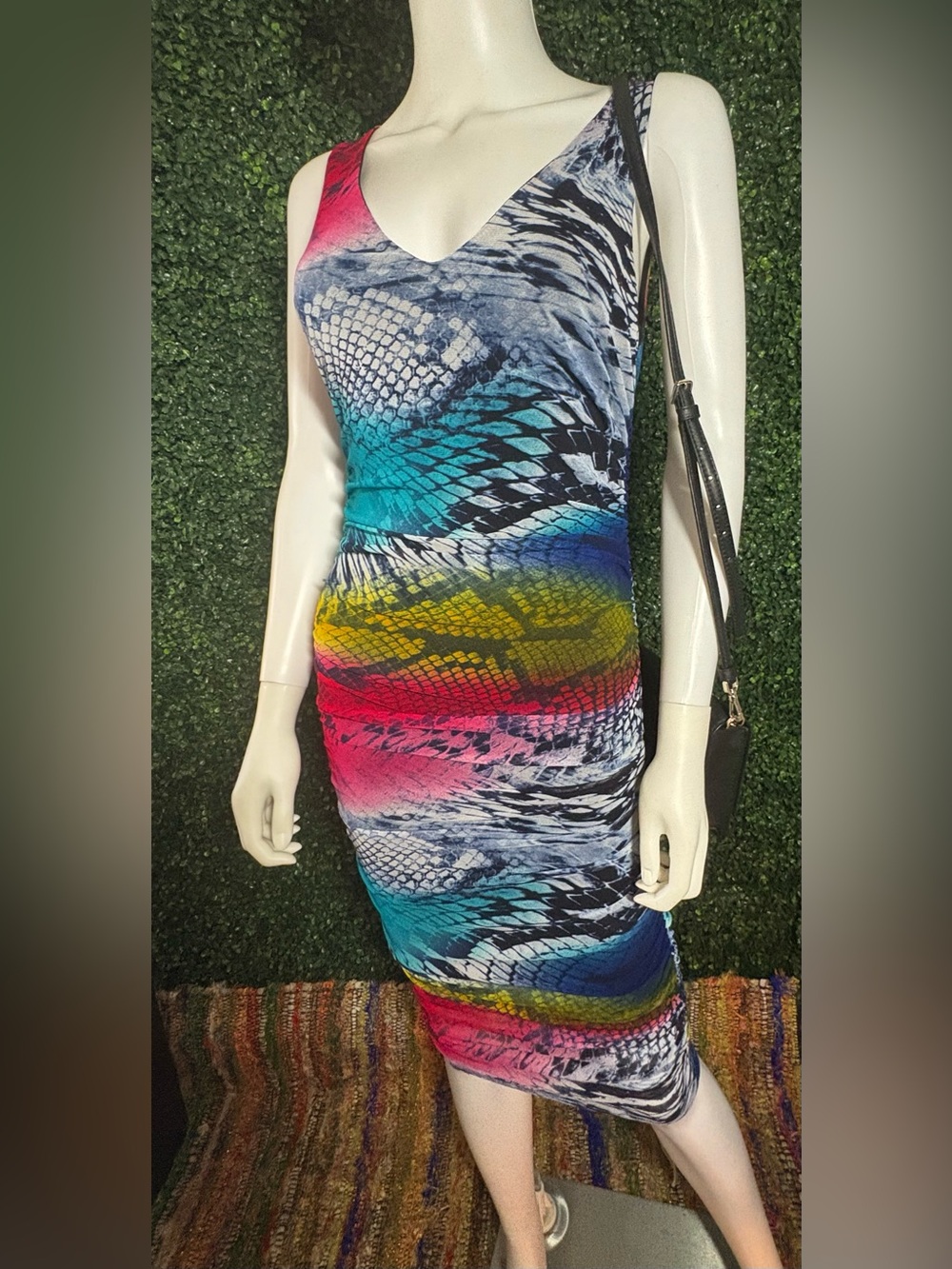 Boston Proper Multicolor Animal Print Ruched Bodycon Midi Dress XS